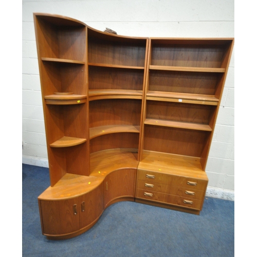 1274 - G PLAN, A MID CENTURY TEAK CURVED WALL CABINET, with an arrangement of shelves, cupboard doors and d... 