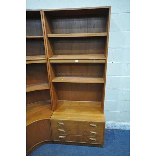 1274 - G PLAN, A MID CENTURY TEAK CURVED WALL CABINET, with an arrangement of shelves, cupboard doors and d... 