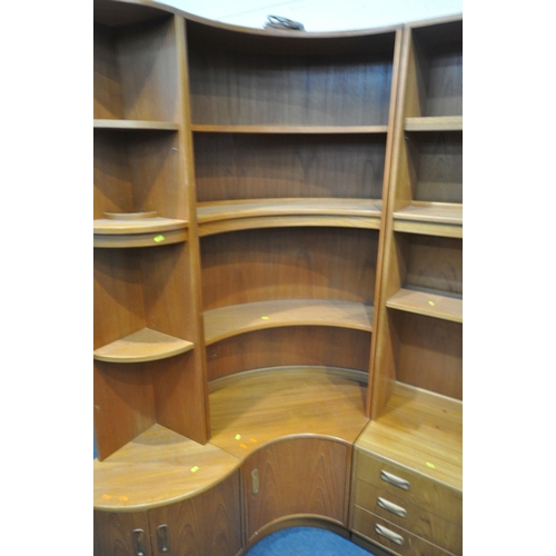 1274 - G PLAN, A MID CENTURY TEAK CURVED WALL CABINET, with an arrangement of shelves, cupboard doors and d... 