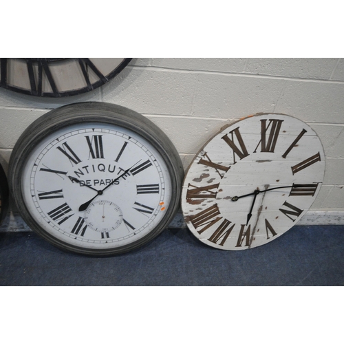 1282 - FOUR LARGE CIRCULAR WALL CLOCKS, varying in size, style, material, etc, largest diameter 100cm (cond... 