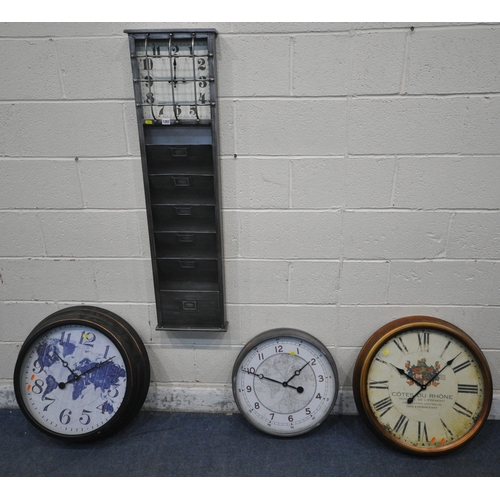 1283 - FOUR VARIOUS WALL CLOCKS, to include a metal clock with six letter slots, width 31cm x depth 12cm x ... 