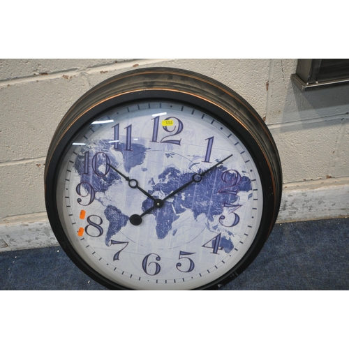 1283 - FOUR VARIOUS WALL CLOCKS, to include a metal clock with six letter slots, width 31cm x depth 12cm x ... 