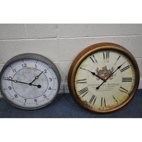 1283 - FOUR VARIOUS WALL CLOCKS, to include a metal clock with six letter slots, width 31cm x depth 12cm x ... 