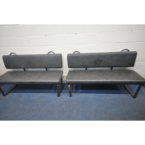 1297 - A PAIR OF CHARCOAL GREY LEATHER UPHOLSTERED BENCHES, with two handles to backrest, raised on metal l... 