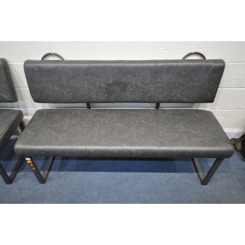 1297 - A PAIR OF CHARCOAL GREY LEATHER UPHOLSTERED BENCHES, with two handles to backrest, raised on metal l... 