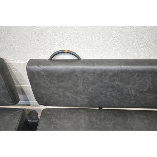 1297 - A PAIR OF CHARCOAL GREY LEATHER UPHOLSTERED BENCHES, with two handles to backrest, raised on metal l... 