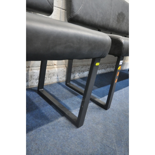 1297 - A PAIR OF CHARCOAL GREY LEATHER UPHOLSTERED BENCHES, with two handles to backrest, raised on metal l... 