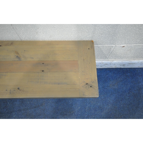 1301 - A PARTIALLY PAINTED WOODEN BENCH, raised on turned legs (condition report: general signs of usage)