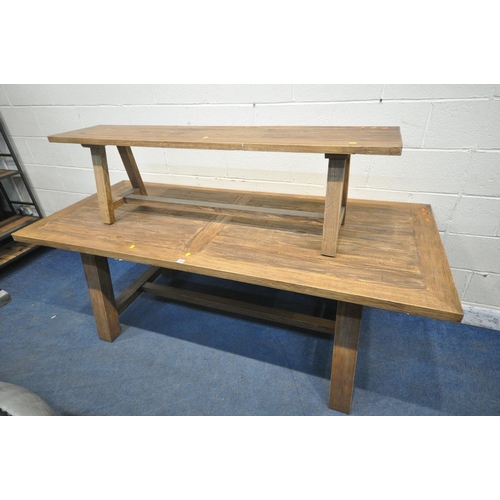 1302 - A MODERN RECTANGLAR FARMHOUSE STYLE TABLE, raised on block legs, united by stretchers, length 211cm ... 