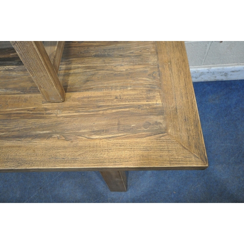 1302 - A MODERN RECTANGLAR FARMHOUSE STYLE TABLE, raised on block legs, united by stretchers, length 211cm ... 