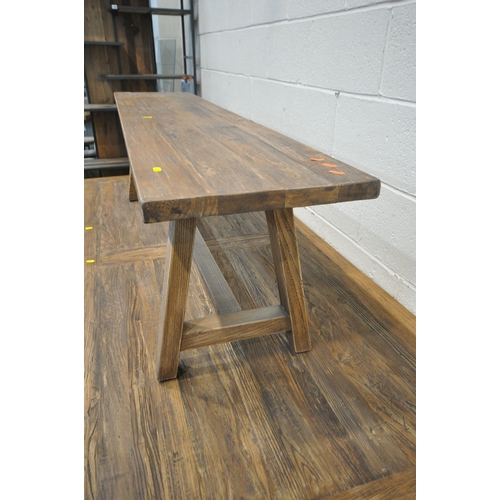 1302 - A MODERN RECTANGLAR FARMHOUSE STYLE TABLE, raised on block legs, united by stretchers, length 211cm ... 