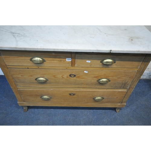 1310 - A PINE CHEST OF TWO SHORT OVER TWO LONG DRAWERS, with a later marble top, raised on shaped legs, wid... 