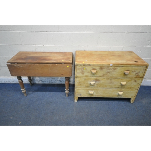 1312 - A PINE CHEST OF THREE LONG DRAWERS, raised on bracket feet, width 103cm x depth 54cm x height 77cm, ... 