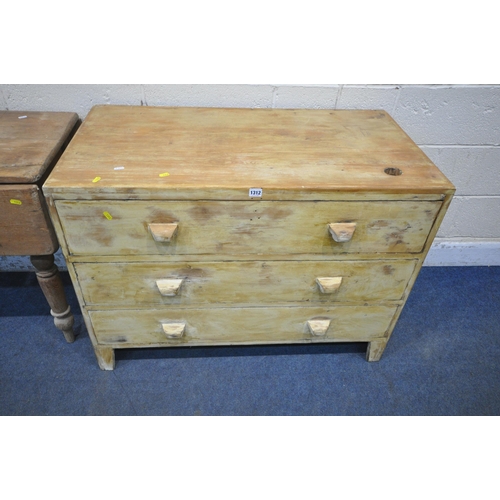 1312 - A PINE CHEST OF THREE LONG DRAWERS, raised on bracket feet, width 103cm x depth 54cm x height 77cm, ... 