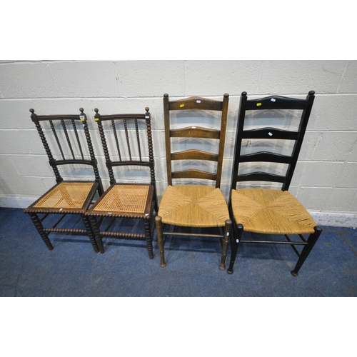 1321 - A PAIR OF 20TH CENTURY MAHOGANY BOBBIN TURNED CHAIRS, with cane seat, along with two rush seated cha... 