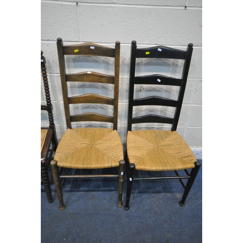 1321 - A PAIR OF 20TH CENTURY MAHOGANY BOBBIN TURNED CHAIRS, with cane seat, along with two rush seated cha... 