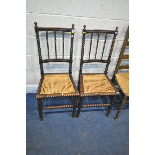 1321 - A PAIR OF 20TH CENTURY MAHOGANY BOBBIN TURNED CHAIRS, with cane seat, along with two rush seated cha... 