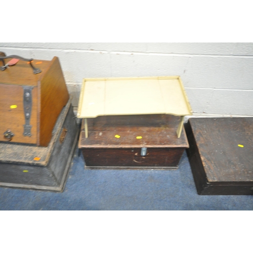 1323 - A TOOL CHEST, with a hinged lid and twin metal handles, width 95cm x depth 49cm x height 39cm, a pur... 