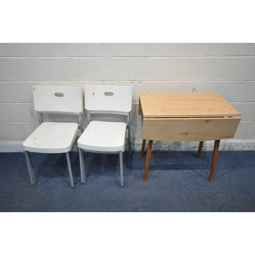 1325 - A FORMICA DROP LEAF TABLE, along with a set of four stacking white Ikea chairs (3)