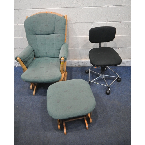 1330 - A DUTAILIER BEECH FRAMED ROCKING CHAIR, with matching rocking stool, along with a swivel office chai... 