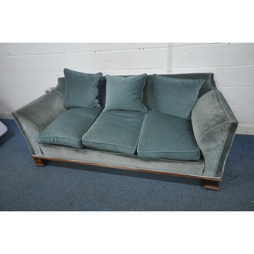 1332 - AN EARLY 20TH CENTURY DROP END SOFA, with blue upholstery (condition report: cushions apear later, m... 