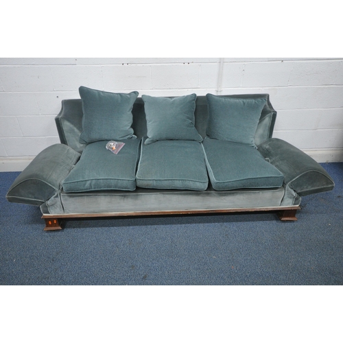 1332 - AN EARLY 20TH CENTURY DROP END SOFA, with blue upholstery (condition report: cushions apear later, m... 