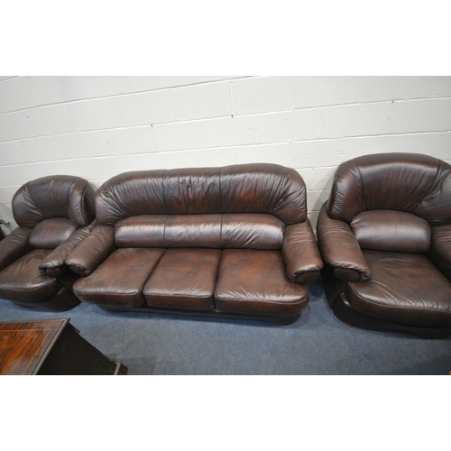 1334 - A BROWN LEATHER THREE PIECE LOUNGE SUITE, comprising a three seater sofa, length 197cm x depth 95cm ... 