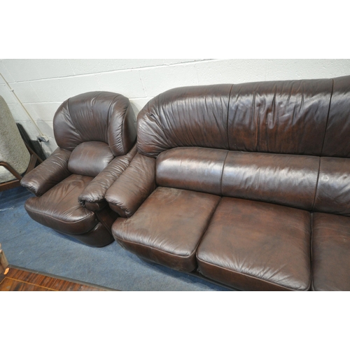 1334 - A BROWN LEATHER THREE PIECE LOUNGE SUITE, comprising a three seater sofa, length 197cm x depth 95cm ... 