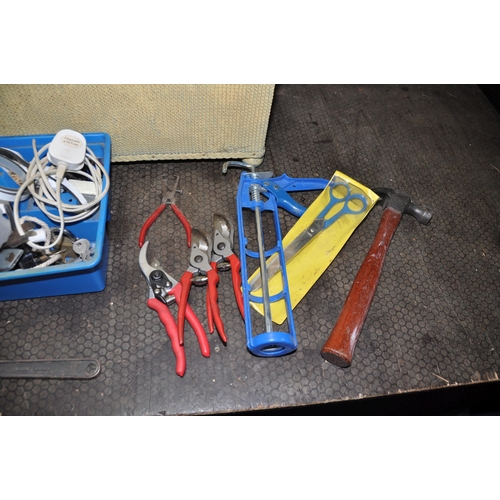 1070 - A BASKET AND A TOOLBOX CONTAINING TOOLS including adjustable spanners, decorating shears, secateurs,... 