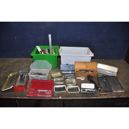 1075 - TWO TRAYS CONTAINING ENGINEERING AND AUTOMOTIVE TOOLS including a Moore and Wright micrometer, J.Rab... 