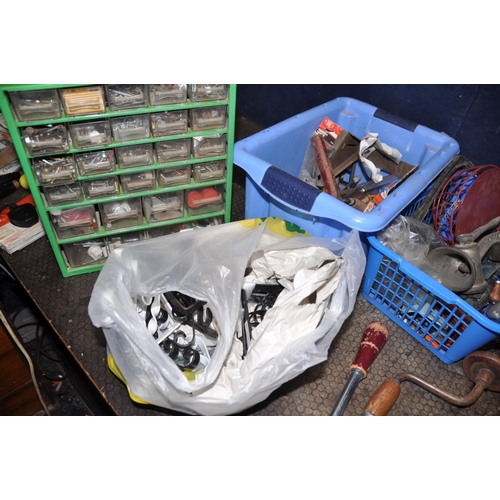 1077 - THREE BOXES AND A BAG CONTAINING TOOLS AND HARDWARE including a vice, screws, hooks, a set of chimne... 