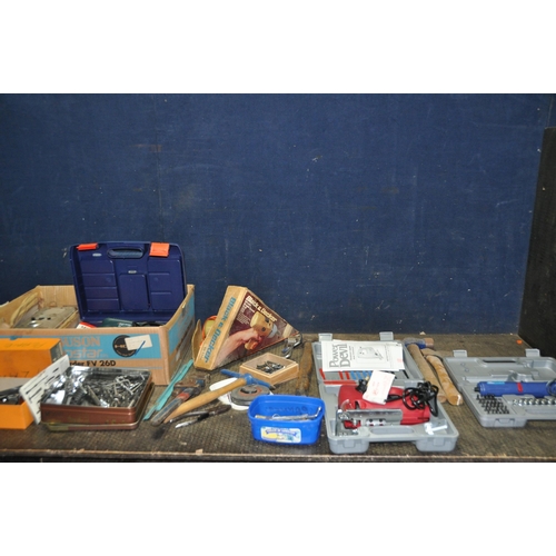 1079 - A TRAY CONTAINING POWER AND HANDTOOLS including a Black and Decker KD562 drill, a Power Devil jigsaw... 