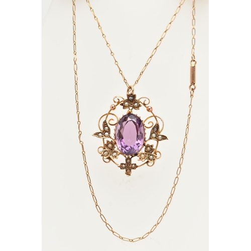 1 - AN AMETHYST AND SPLIT PEARL PENDANT NECKLACE, designed as a central oval amethyst within a scrolling... 