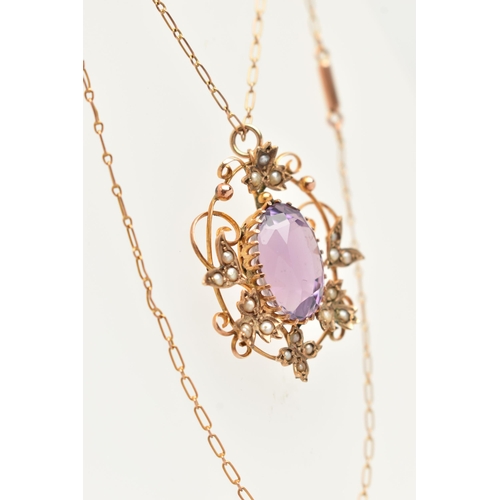 1 - AN AMETHYST AND SPLIT PEARL PENDANT NECKLACE, designed as a central oval amethyst within a scrolling... 