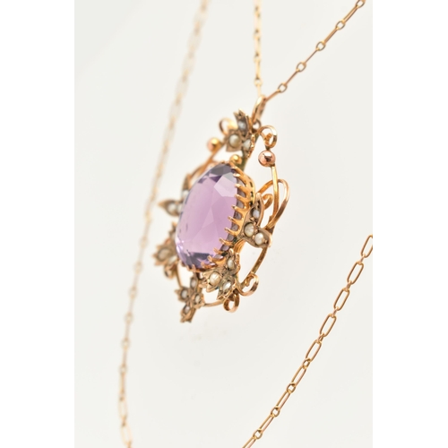 1 - AN AMETHYST AND SPLIT PEARL PENDANT NECKLACE, designed as a central oval amethyst within a scrolling... 