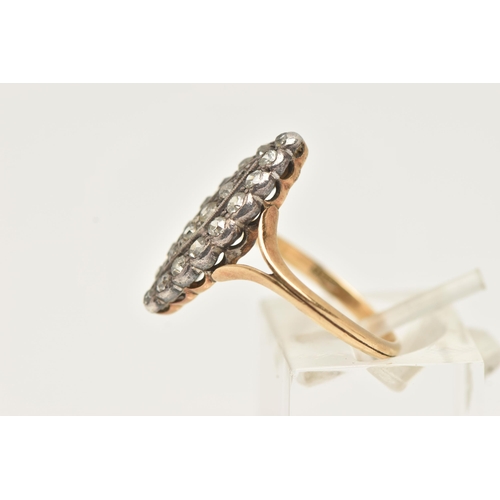 12 - AN EARLY 20TH CENTURY DIAMOND RING, of marquise shape outline, set with old cut diamonds to the bifu... 