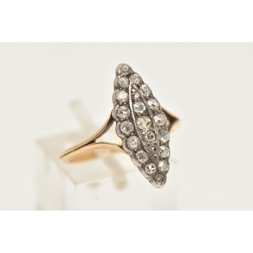 12 - AN EARLY 20TH CENTURY DIAMOND RING, of marquise shape outline, set with old cut diamonds to the bifu... 