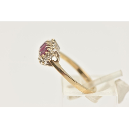 16 - A 9CT GOLD RUBY AND DIAMOND RING, designed as three oval cut rubies within a single cut diamond surr... 