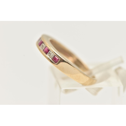 17 - A 9CT GOLD RUBY AND DIAMOND NINE STONE RING, designed as five square cut rubies interspaced by singl... 