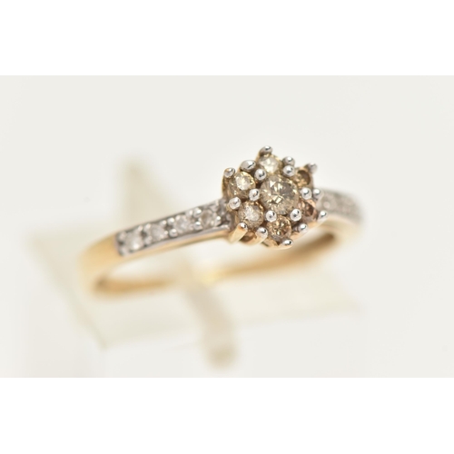 19 - A 9CT GOLD DIAMOND CLUSTER RING, designed as a central cluster of brilliant cut brown diamonds, with... 