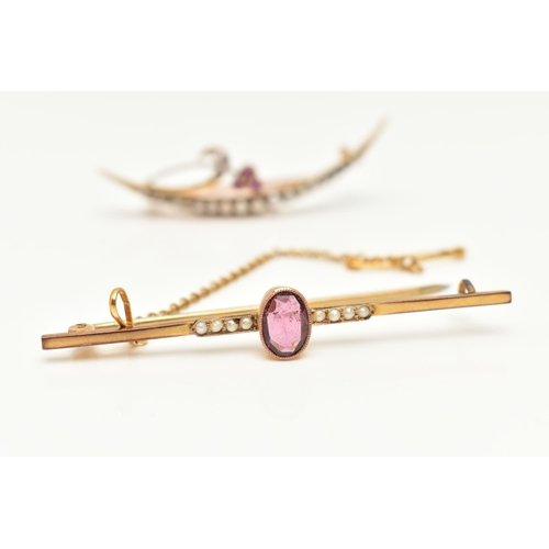 2 - TWO EARLY 20TH CENTURY BROOCHES, the first a bar brooch with a central oval amethyst in a millegrain... 