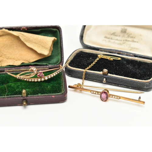 2 - TWO EARLY 20TH CENTURY BROOCHES, the first a bar brooch with a central oval amethyst in a millegrain... 