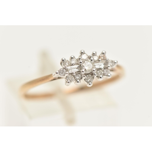 21 - A 9CT GOLD DIAMOND DRESS RING, designed as a central brilliant cut diamond flanked by horizontal bag... 