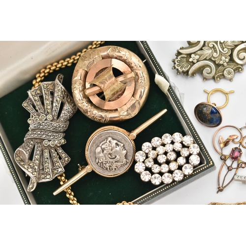 24 - A SELECTION OF JEWELLERY, to include an early 20th century openwork amethyst set pendant, a cut stee... 