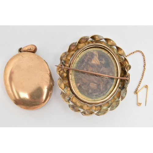 25 - A LOCKET AND A CAMEO BROOCH, the oval locket with engraved ivy leaf decoration to the front, unmarke... 