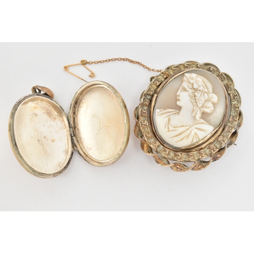 25 - A LOCKET AND A CAMEO BROOCH, the oval locket with engraved ivy leaf decoration to the front, unmarke... 