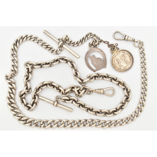 27 - TWO SILVER ALBERT CHAINS, both curb link chains with lobster claw clasps and T-bars, one suspending ... 