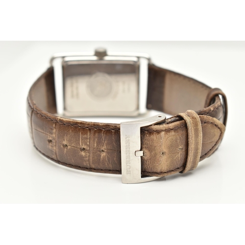 28 - A GENTLEMAN'S BURBERRY WRISTWATCH, the rectangular cream coloured face with Roman numerals, a subsid... 