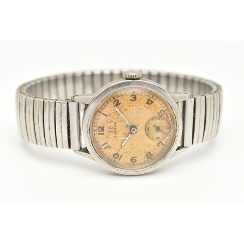 34 - A GENTS 'OMEGA' STAINLESS STEEL WRISTWATCH, manual wind, round discoloured dial signed 'Omega', Arab... 