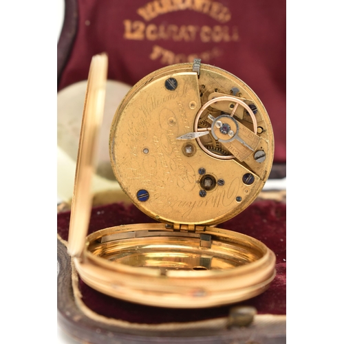 35 - A MID VICTORIAN 18CT GOLD OPEN FACE POCKET WATCH, key wound movement, round gilt dial, Roman numeral... 